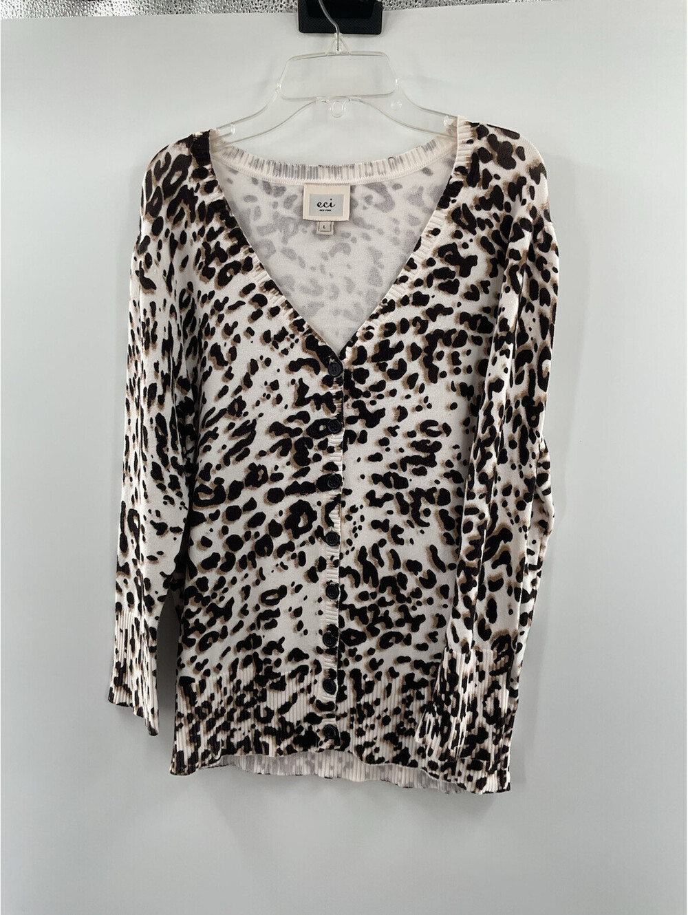 eci New York women’s large leopard print beige button up cardigan knit 047